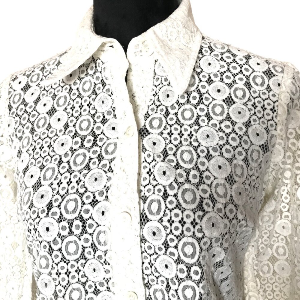 Trina Turk Sheer Lace Button-Down Blouse, Cream See-Thru Top, Size Small - Picture 5 of 15
